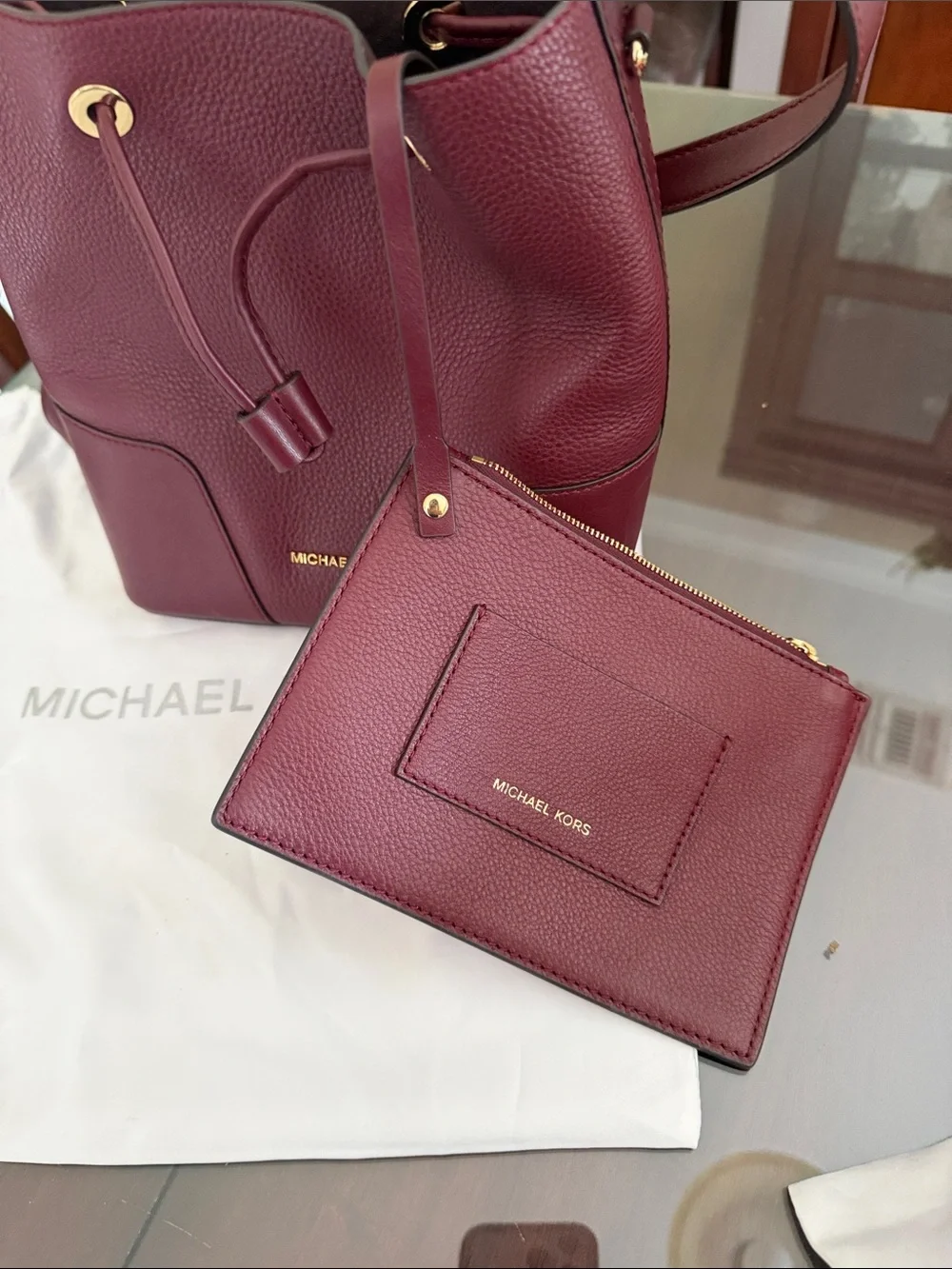 Michael Kors Pebble Leather Drawstring Bucket Bag – Burgundy Wine